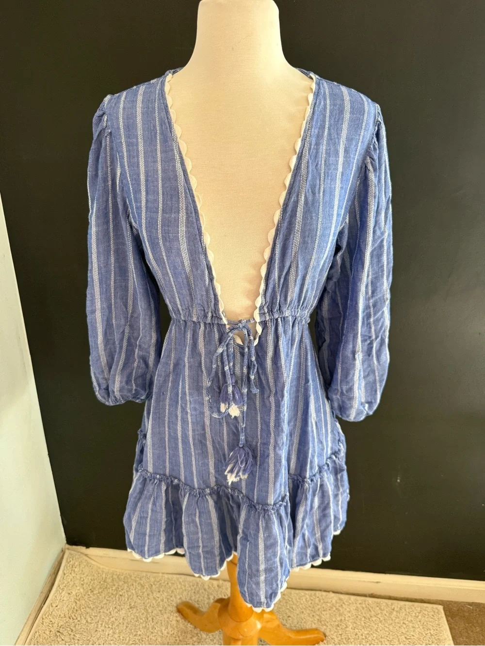 blue island Blue & White Striped V-Neck Tassel Tie  Swim Cover-Up Medium